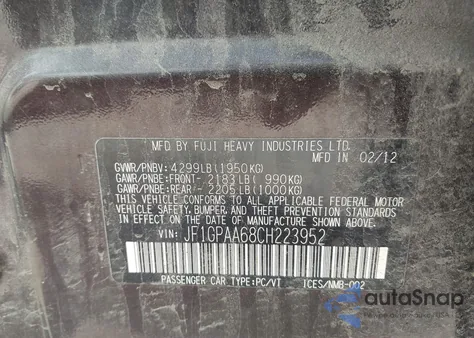 2012 Subaru Impreza 2.0I из США, поврежденный, VIN JF1GPAA68CH223952